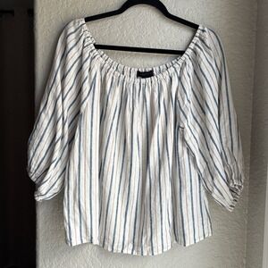Womens M Linen Blend Stripe Blouse White Blue Coastal Boho Neutral Light